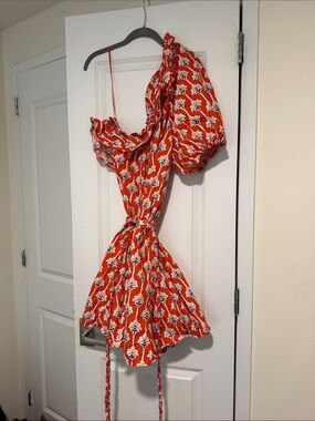 Red One-Shoulder Floral Mini Dress with Puff Sleeve
